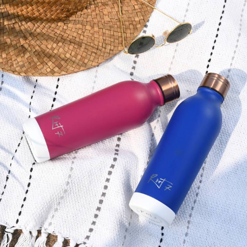 blue and pink thermal water bottles